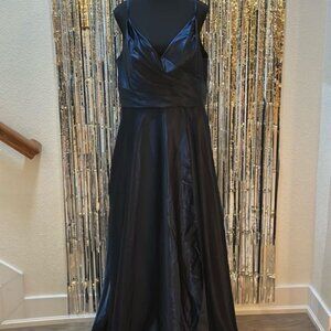NWT Blue floor length satin ball gown with pockets corset back pad bra size 16
